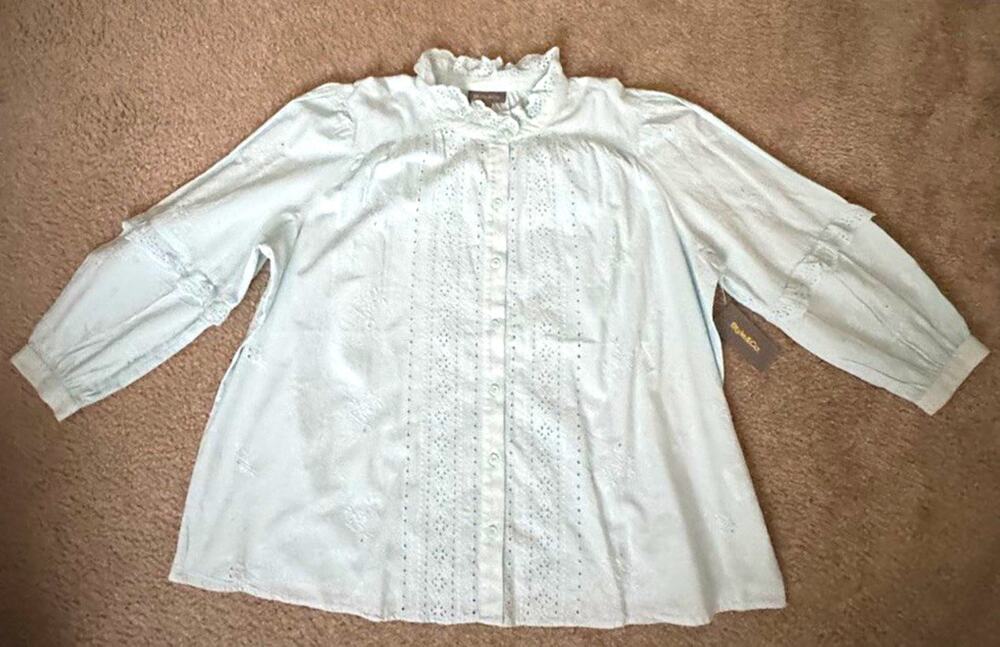 Style & Co Womens L Light Blue Eyelet Embroidered Button Front Blouse Boho